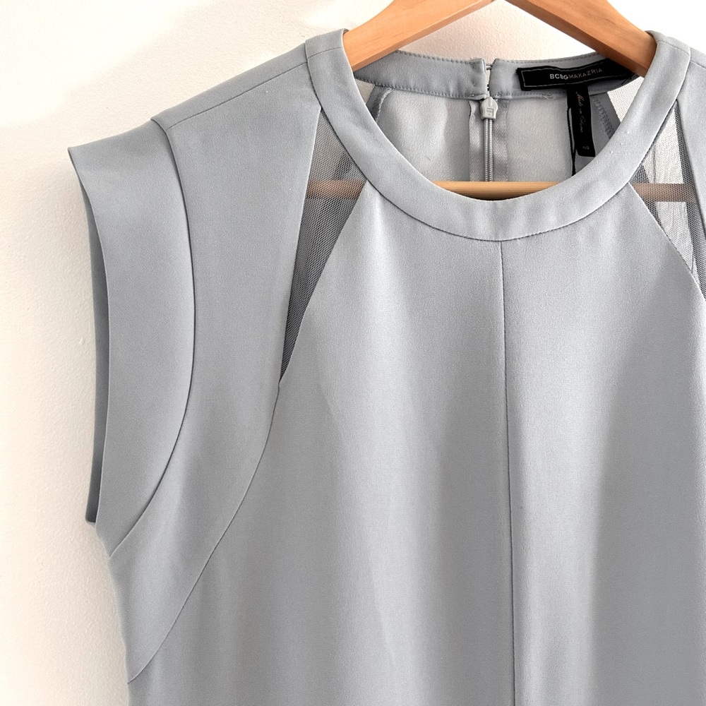 NWT BCBGMaxAzria Crepe Sheath Dress w/Sheer Inlet Design Grey